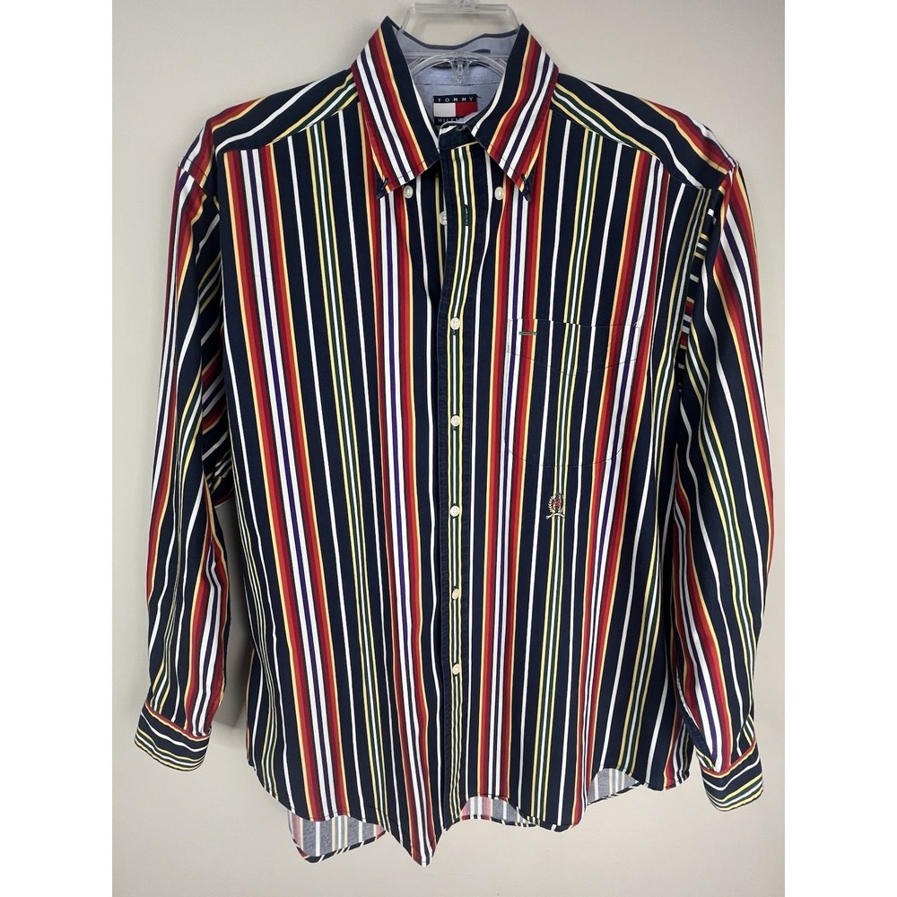 Vintage Y2K  90's Tommy Hilfiger Stripe Medium Crest Long Sleeve Button Up Shirt